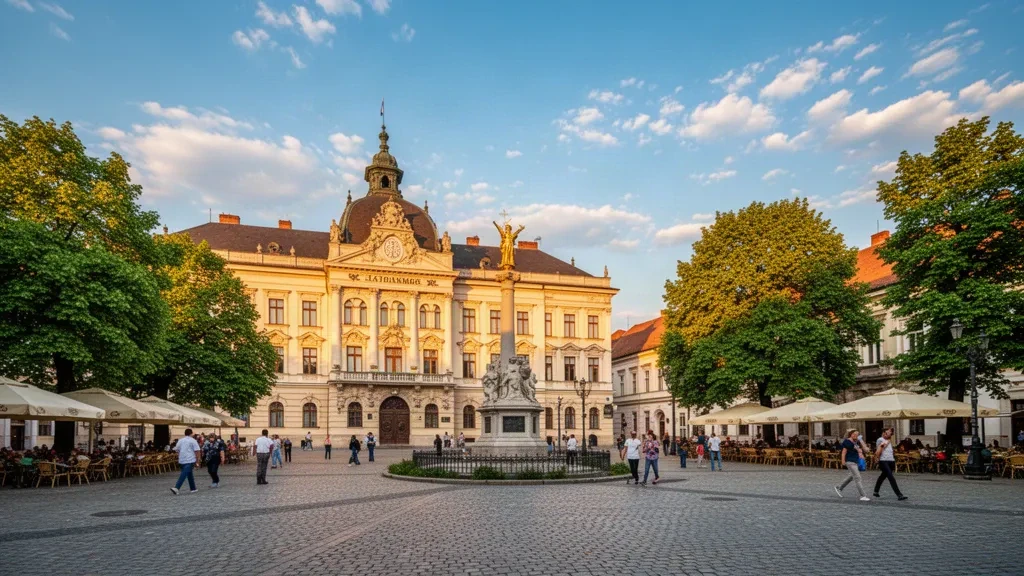 Ayuntamiento histórico y Monumento a la Santísima Trinidad en la Plaza de la República, Sombor, Bačka Occidental, Serbia, con vegetación y luz de finales de la tarde.