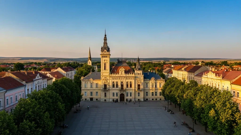 Municipio storico e piazza principale alberata a Sombor, distretto di Bačka Occidentale, Serbia, durante l'ora d'oro