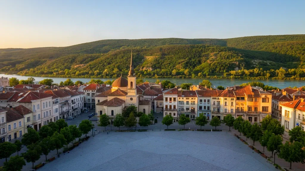 Vue à l'heure dorée sur Zaječar, Serbie, avec le centre-ville, la rivière Timok et les collines verdoyantes de l'est de la Serbie en arrière-plan.