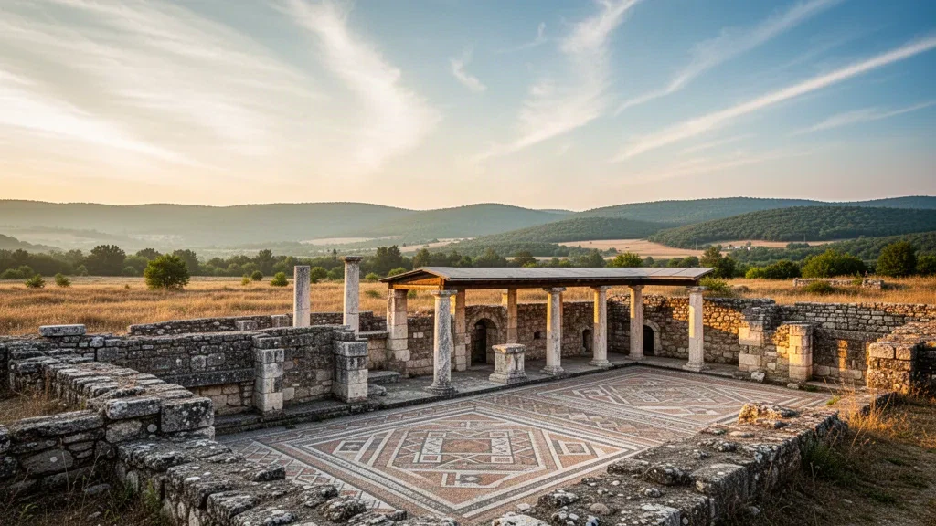 Veduta all'ora d'oro delle antiche rovine romane di Felix Romuliana a Gamzigrad, vicino a Zaječar, Serbia, con mura e colonne in pietra