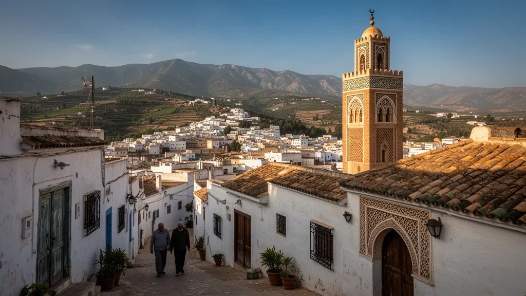 Vue à l'heure dorée sur le minaret de la Grande Mosquée de Tlemcen au-dessus de la médina historique, avec les montagnes de l'Atlas en arrière-plan