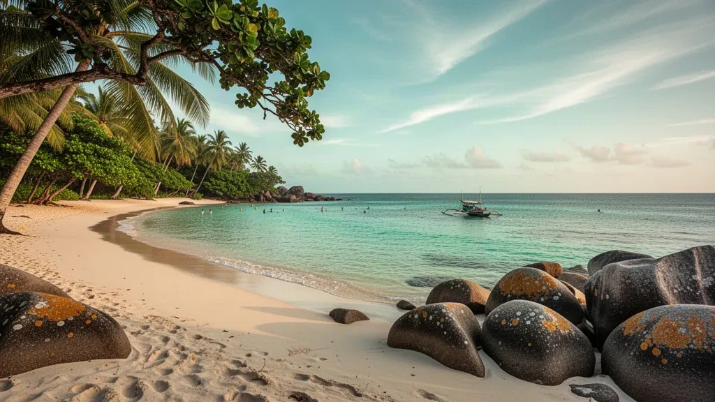 Acqua turchese e massi di granito lungo la mezzaluna di sabbia bianca della spiaggia di Grand'Anse sull'isola di Praslin, Seychelles