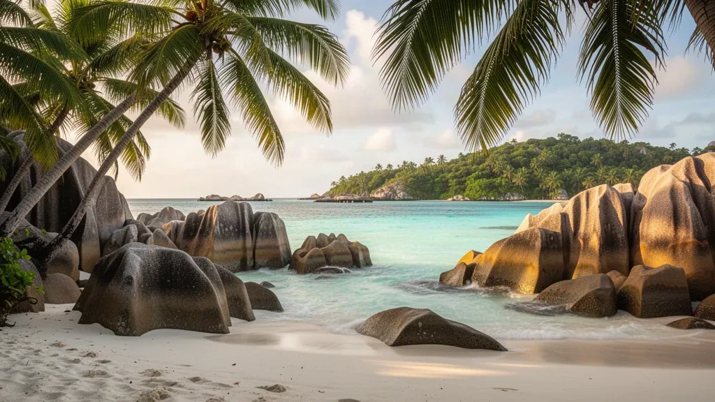 Blocs de granit et lagon turquoise à la plage d'Anse Source d'Argent sur l'île de La Digue, aux Seychelles, encadrés par des cocotiers