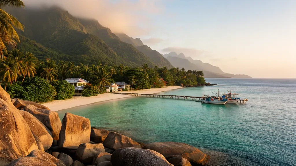 Turquoise lagoon, granite boulders and palm-lined shore at Port Glaud on Mahé, Seychelles, with forested peaks rising behind at golden hour