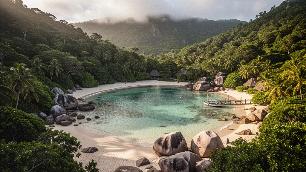 Turquoise bay and granite boulders framed by lush green hills in Port Glaud, Mahé, Seychelles
