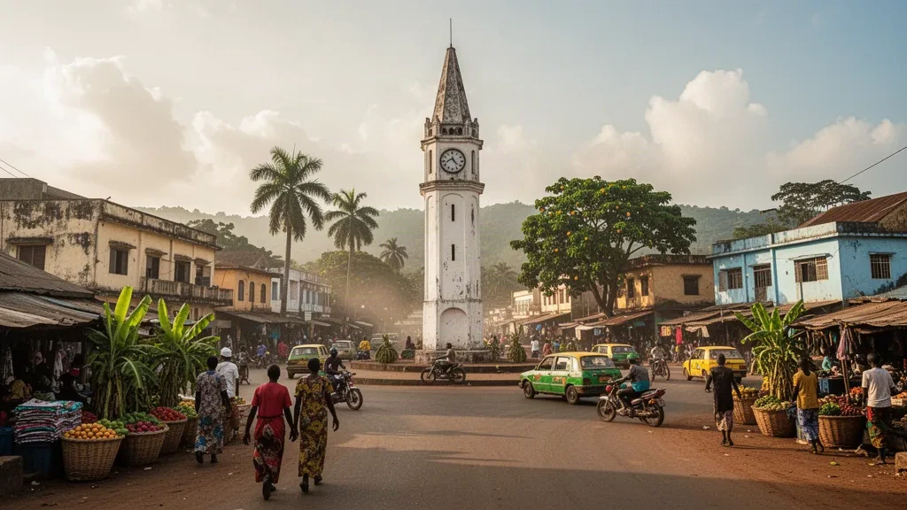 Centro de la ciudad de Bo en el sur de Sierra Leona con su torre del reloj emblemática y una rotonda concurrida bajo la cálida luz de la tarde