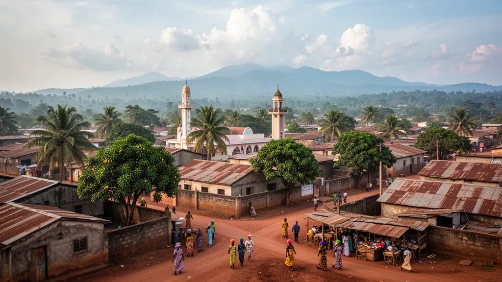 Vista dorada de la tarde sobre Makeni, Sierra Leona, capital de la Provincia del Norte, con tejados, palmeras, calles del mercado y colinas verdes