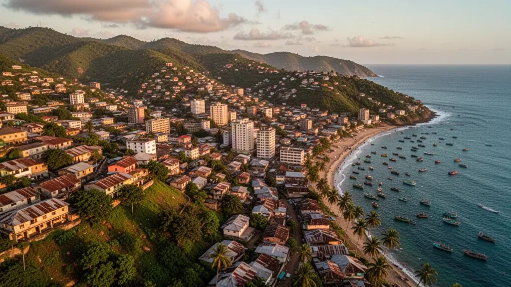 Luftaufnahme von Freetown im Western Area in Sierra Leone, mit grünen Hügeln, Küstenstadtlandschaft und Atlantischem Ozean zur goldenen Stunde.