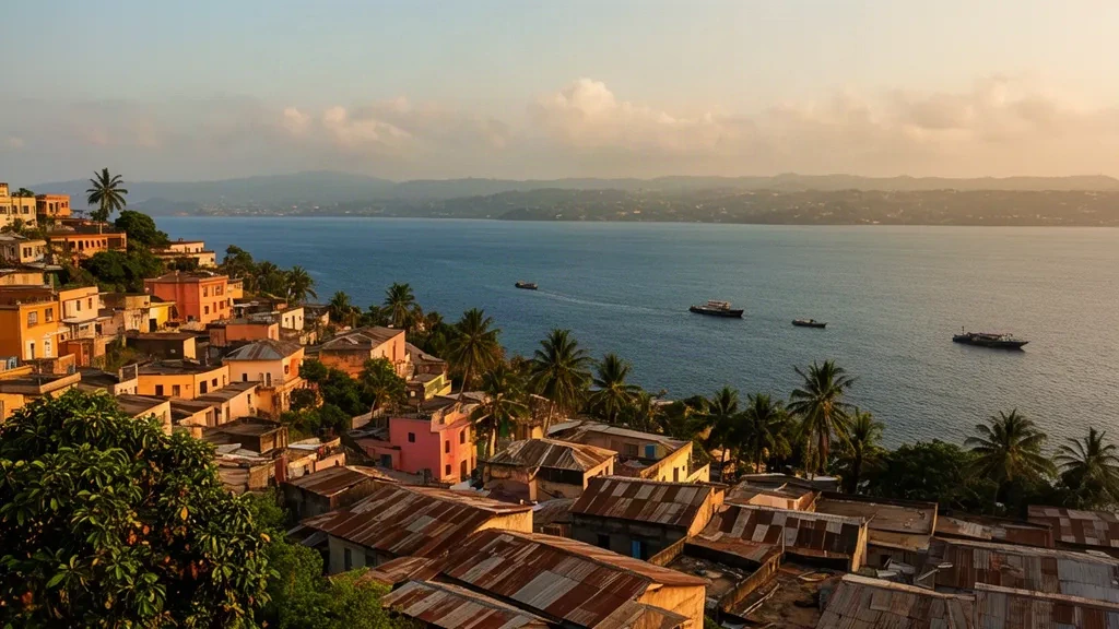 Skyline di Freetown nella Western Area della Sierra Leone all'ora dorata, con edifici colorati sulle colline sopra l'estuario del fiume e barche da pesca