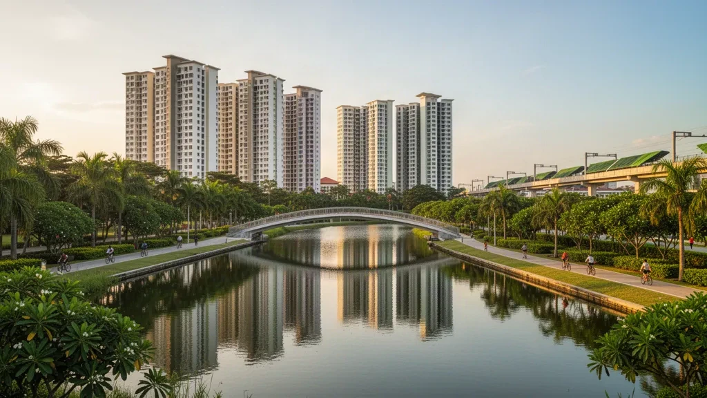 Singapur'un Kuzey Doğu Bölgesi'ndeki Punggol Waterway Park'ın altın saat manzarası; modern HDB blokları, köprüler ve yemyeşil bitki örtüsü.