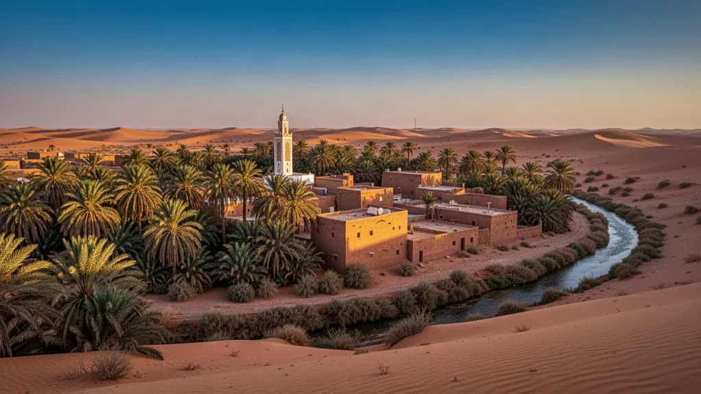 Golden-hour view over Touggourt, Algeria, with date palm groves, adobe rooftops, a minaret and Saharan dunes beyond the oasis