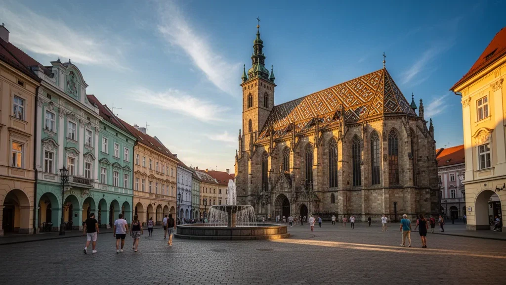 Die gotische St.-Elisabeth-Kathedrale ragt über den historischen gepflasterten Altstadtplatz von Košice in der Slowakei im warmen Licht der goldenen Stunde auf