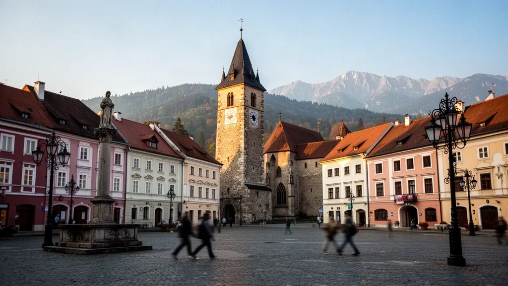 Historischer SNP-Platz in Banská Bystrica, Slowakei, mit dem schiefen Uhrturm und pastellfarbenen Stadthäusern im Abendlicht