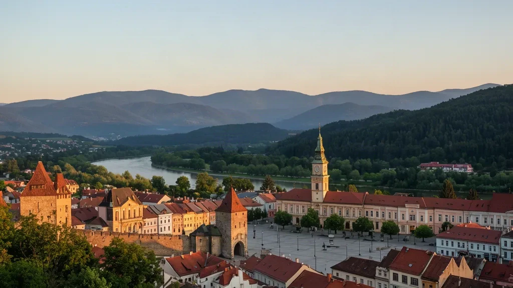 Vue à l'heure dorée sur la vieille ville de Banská Bystrica, sa tour de l'horloge penchée et la place SNP encadrées par les crêtes boisées des montagnes slovaques.