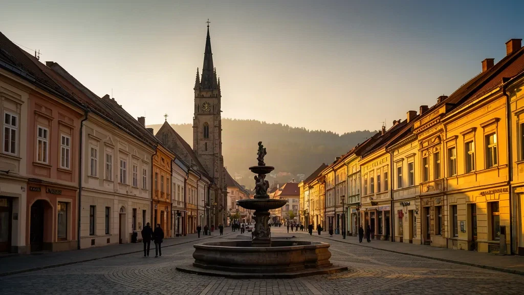 Golden-hour view along Hlavná ulica in Prešov, Slovakia, with the Neptune Fountain and baroque townhouses beside the Cathedral of St. Nicholas