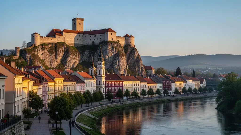 Die Burg Trenčín erhebt sich zur goldenen Stunde über der historischen Altstadt und dem Fluss Váh in der Slowakei