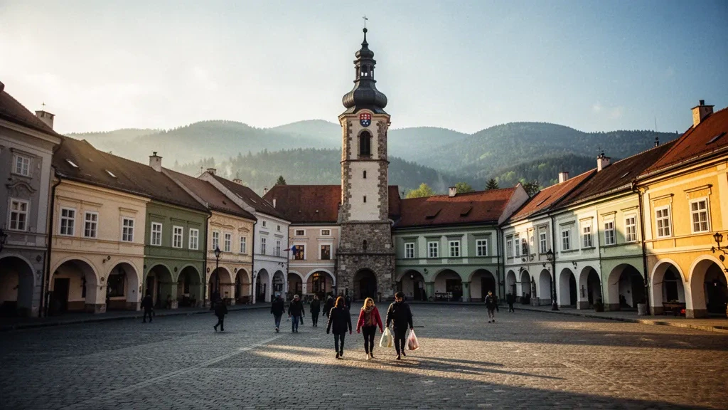 Plaza histórica del casco antiguo de Žilina, Eslovaquia, con una torre campanario renacentista, casas burguesas con arcadas y peatones bajo la cálida luz de la tarde