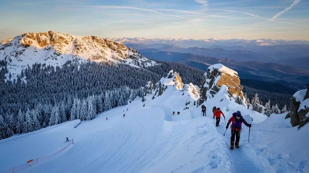 Bergsteiger beim Aufstieg auf einem verschneiten Grat am Uludağ bei Bursa, Türkei, mit Skipisten und Kiefernwäldern im Winterlicht