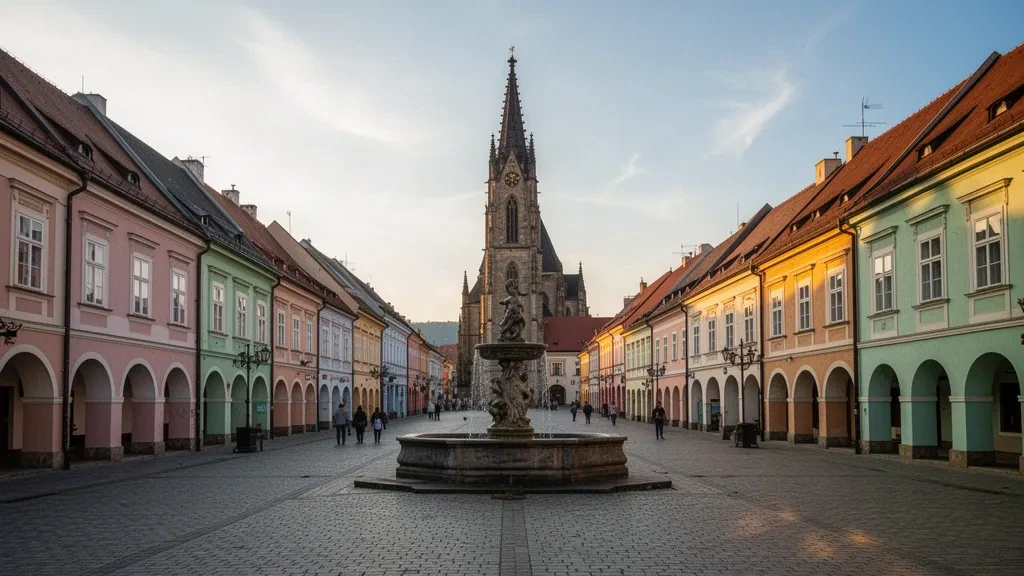 Prešov, Slovakya'da Hlavná ulica'da altın saatlerde Neptün Çeşmesi ve Aziz Nikola Katedrali kulesi