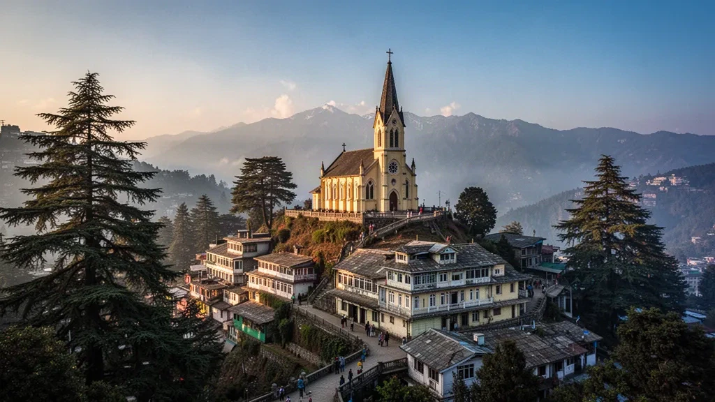 Hindistan, Himachal Pradesh'te sedir ormanı ve Himalaya zirveleriyle çevrili Şimla'nın Ridge bölgesi ve Christ Church