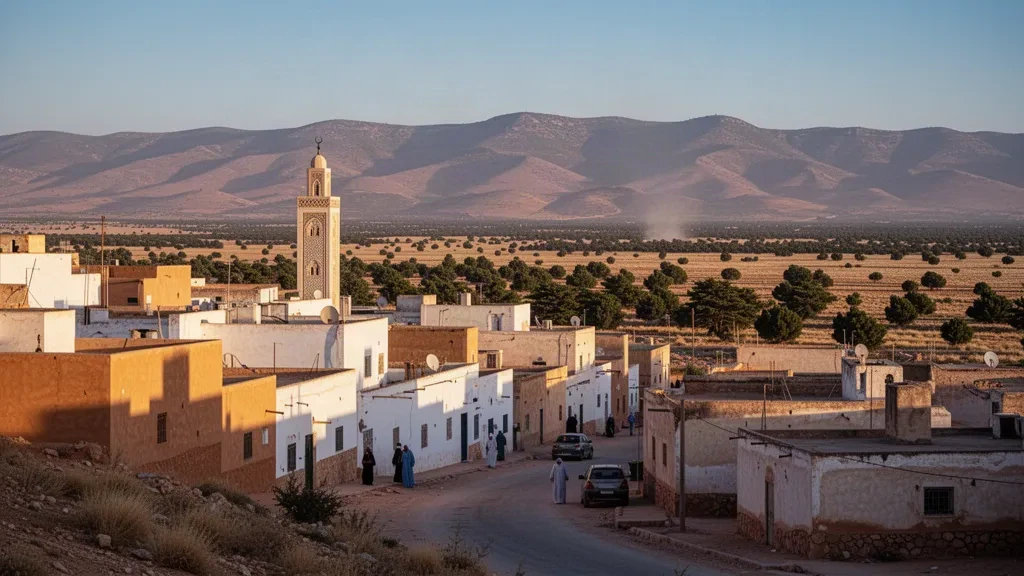 Panoramic golden-hour view of El Bayadh, Algeria, with pale flat-roofed buildings, a mosque minaret and the Saharan Atlas mountains behind