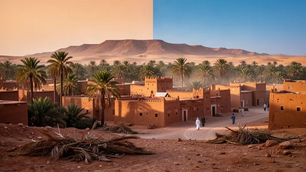 Lumière dorée de l'après-midi sur les maisons en briques de terre ocre et les palmeraies du vieux ksar de Béchar, dans le sud-ouest de l'Algérie