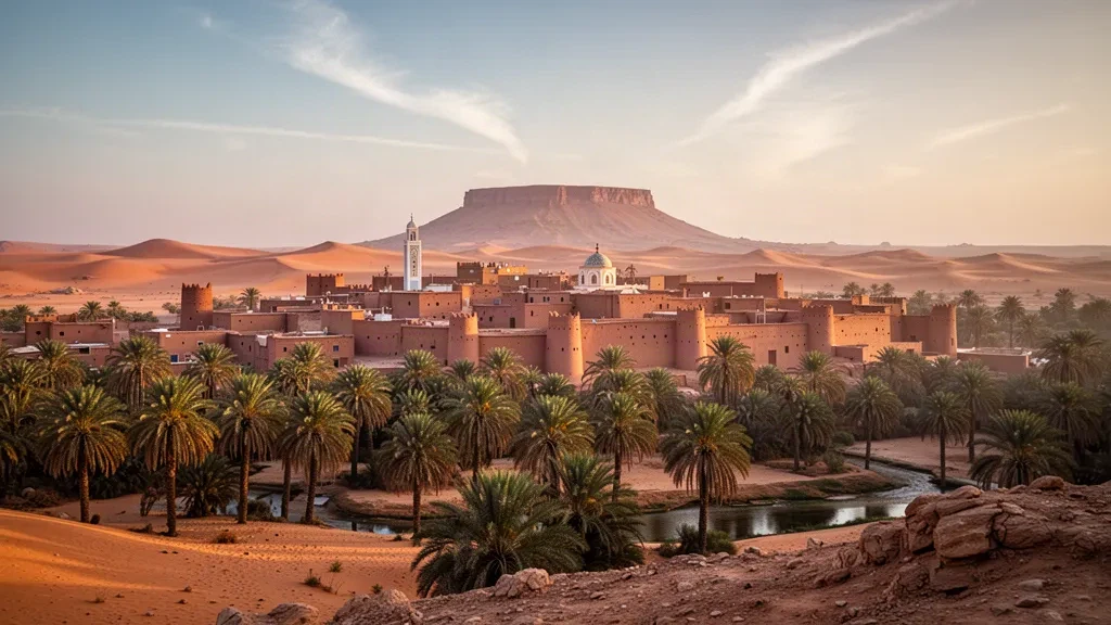 Luce dorata della sera sul ksar in mattoni crudi, sui palmeti e sulle dune del deserto dell'oasi di El Menia nel Sahara algerino