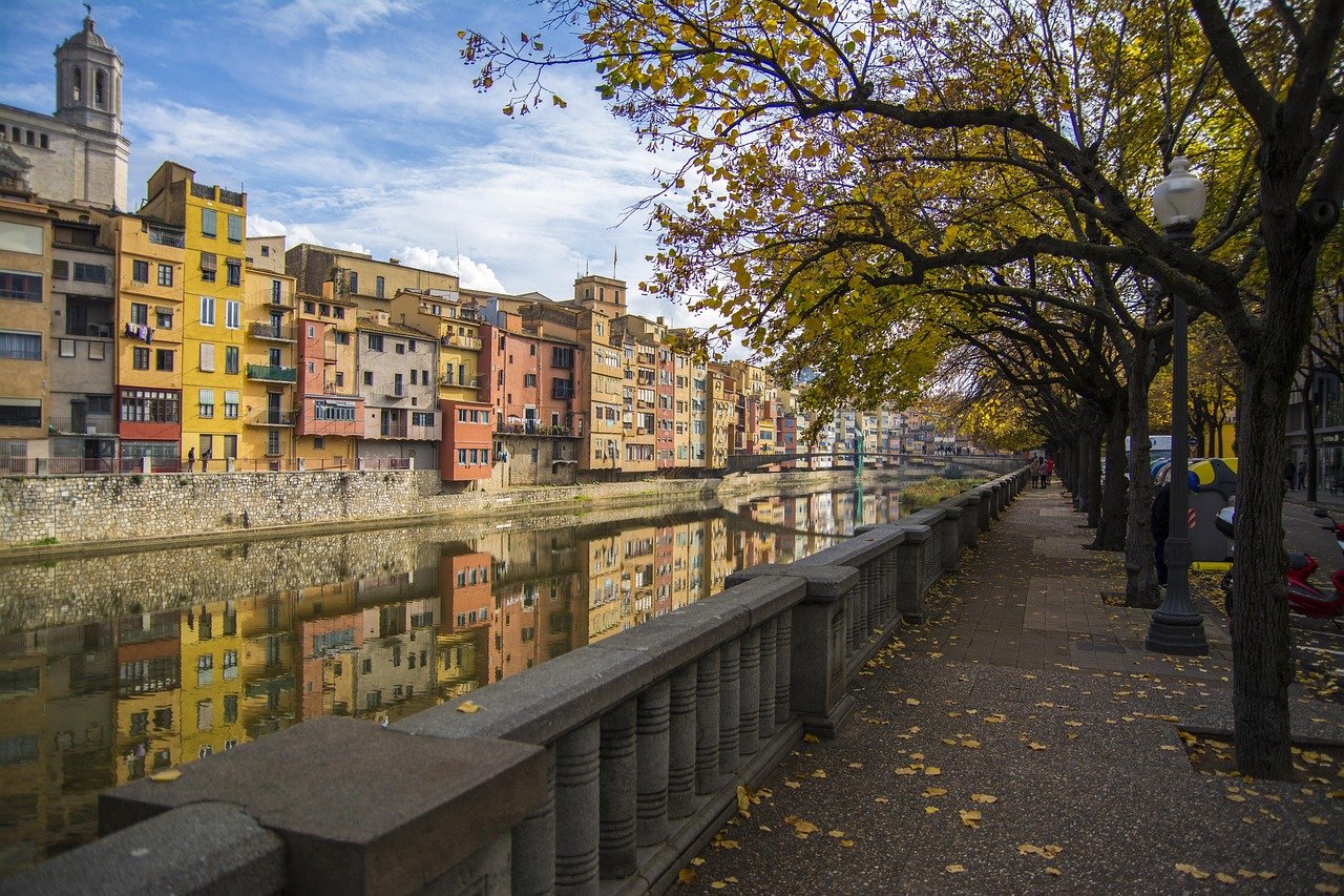 girona, spain, nature, sightseeing, river, reflection, view, architecture, trees, autumn, city