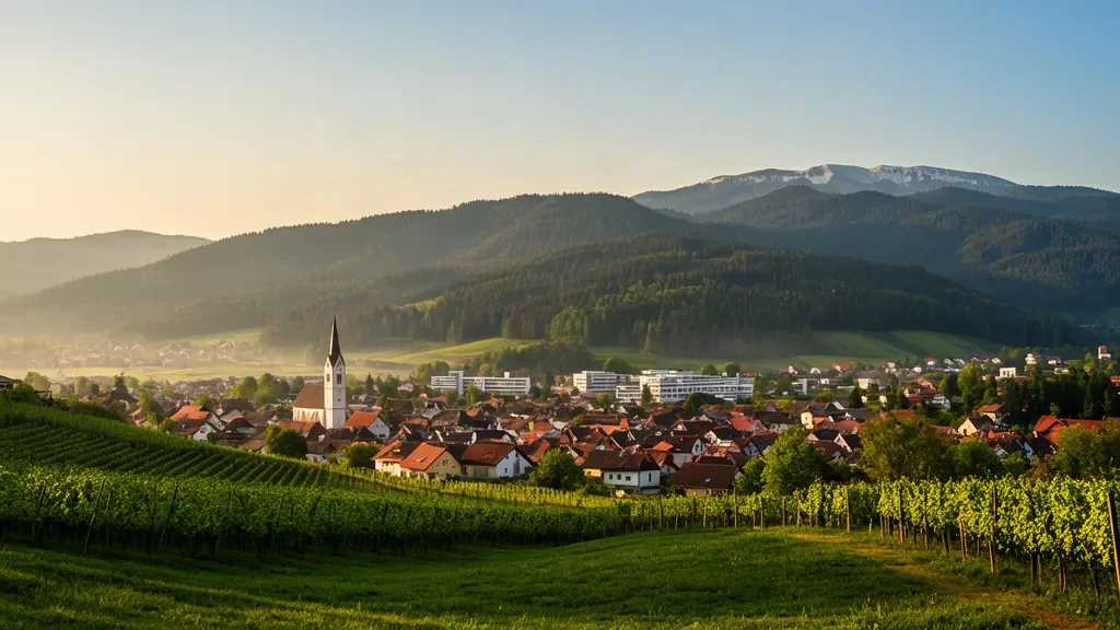 Golden-hour view over Zreče, Slovenia, with its church spire, red rooftops and the forested Pohorje hills rising behind the town