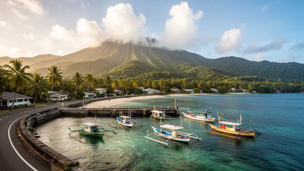 Honiara waterfront harbour on Guadalcanal's north coast in Solomon Islands, with moored canoes, palm-lined shore and green tropical hills