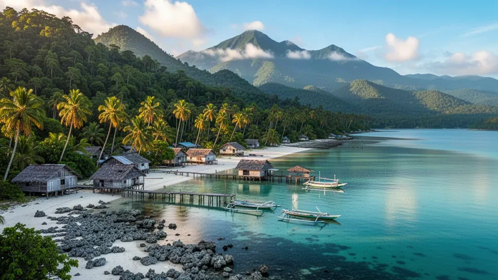 Laguna de Maringe y colinas de selva tropical junto al pueblo de Buala en la Isla de Santa Isabel, Provincia de Isabel, Islas Salomón