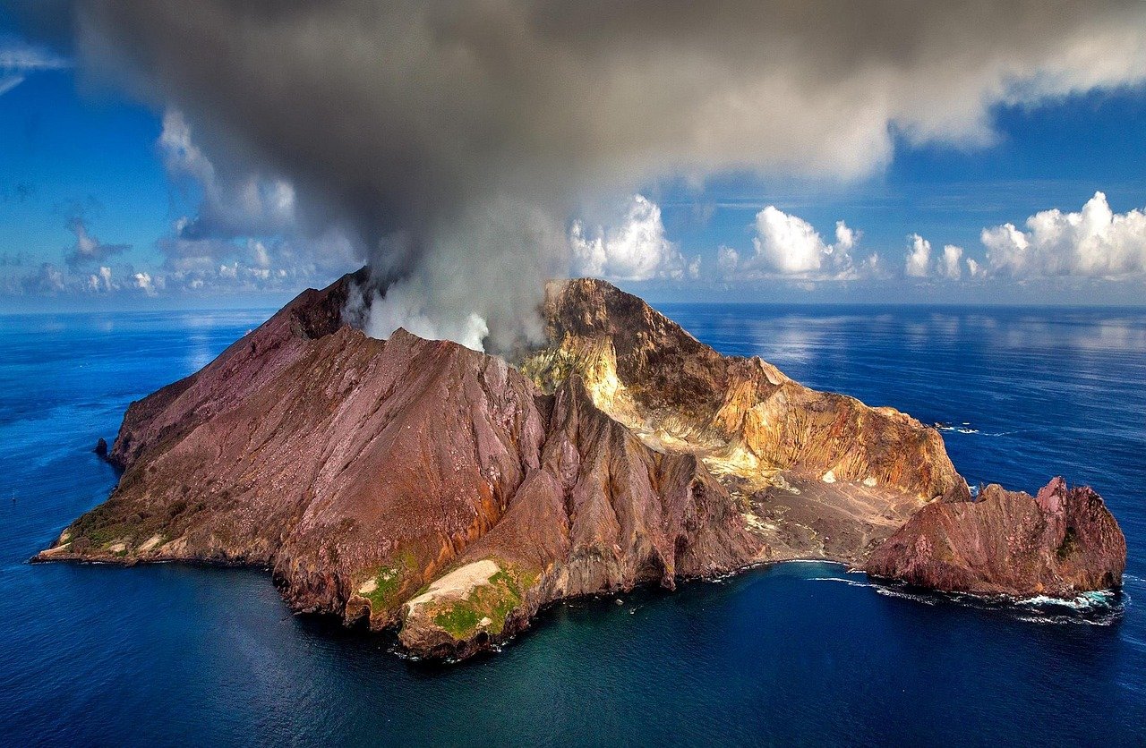 new zealand, volcano, crater, white island, island, active, smoke, ash, nature, aerial view, north island, sea, bay of plenty, volcanism, whakaari, zealand