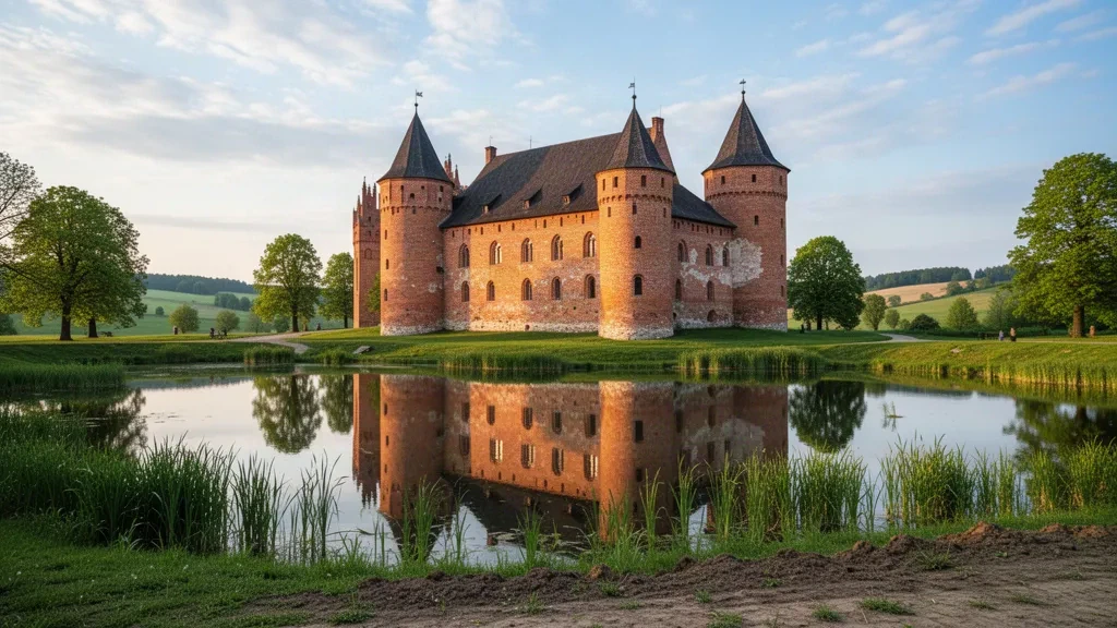 Castello di Mir in Bielorussia, una fortezza patrimonio mondiale UNESCO in mattoni rossi con torri riflesse in uno stagno calmo in un pomeriggio sereno