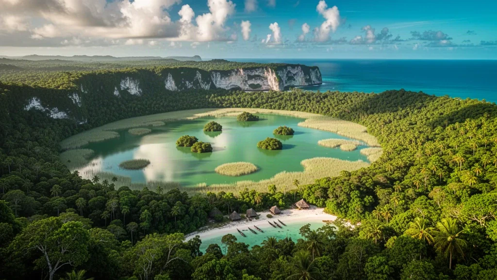 Lago Tegano sull'isola di Rennell, Provincia di Rennell e Bellona, Isole Salomone, circondato da foresta pluviale e scogliere coralline
