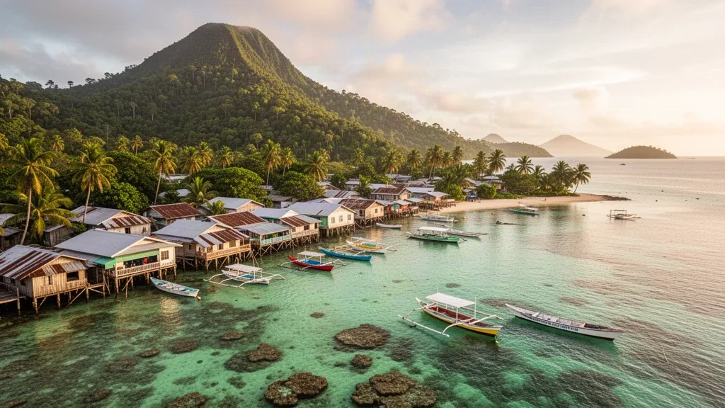 Puerto marítimo de Gizo en la Provincia Occidental de las Islas Salomón, con casas sobre pilotes, canoas con batanga y agua turquesa de la laguna