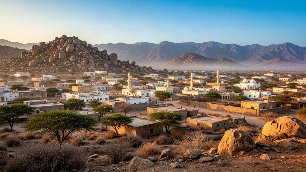 Vista de ladera de Borama en la región somalí de Awdal, con edificios bajos encalados, acacias y montañas áridas de tierras altas bajo la cálida luz de la tarde.