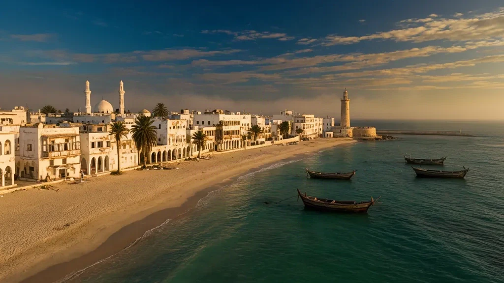 Vista durante la hora dorada de la costa de Lido Beach en Mogadiscio, con edificios blancos de piedra coralina y minaretes de mezquitas a lo largo del océano Índico