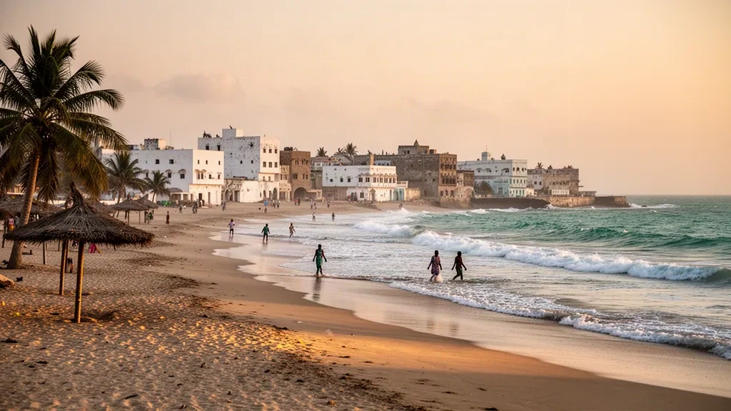 Vista durante la hora dorada de Lido Beach en Mogadiscio, Banaadir, Somalia, con el oleaje del océano Índico y el perfil urbano del paseo marítimo al fondo