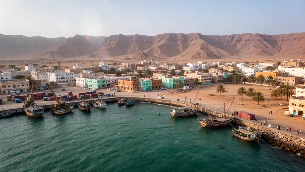 Vue à l'heure dorée du port de Bosaso sur la côte du golfe d'Aden en Somalie, avec des boutres en bois, de petits bâtiments blancs et les monts Golis en arrière-plan