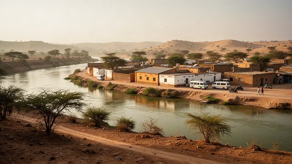 Golden-hour view of the Jubba River and low riverside buildings in Luuq, Gedo region, Somalia