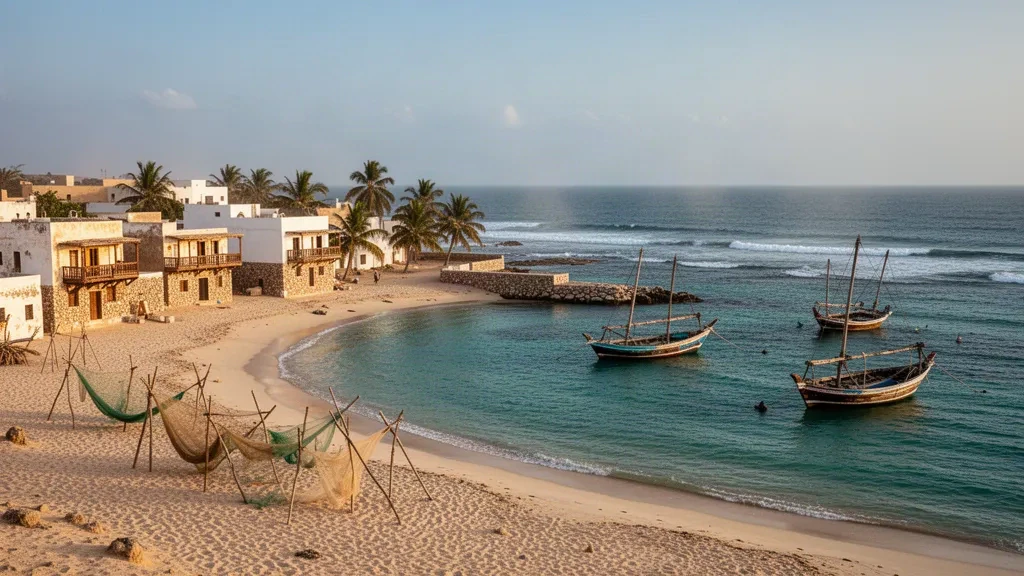 Baia turchese e lungomare imbiancato con tradizionali dhow in legno lungo la costa dell'Oceano Indiano di Somalia Bay in una calda luce dorata
