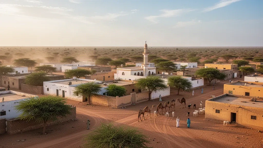Paysage urbain de Dhusamareb à Galguduud, en Somalie, avec des bâtiments à toit plat, un minaret de mosquée et des acacias dans une lumière dorée d'après-midi