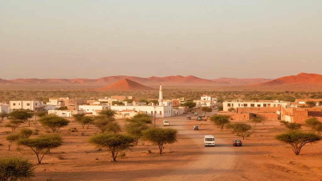 Skyline di Dhusamareb nella regione somala di Galguduud all'ora d'oro, con bassi edifici imbiancati, acacie e pianure aride