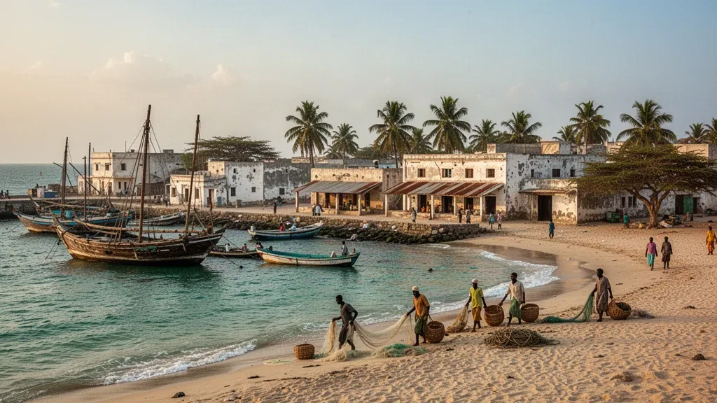 Front de mer de Kismayo sur l'océan Indien dans la région du Bas-Juba en Somalie, avec des dhows traditionnels amarrés près du port à l'heure dorée