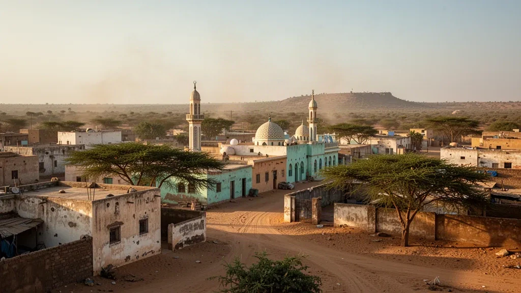 Blick zur goldenen Stunde über Galkayo in der Region Mudug in Somalia, mit weißen Minaretten, niedrigen sandfarbenen Gebäuden und Akazienbäumen unter einem dunstigen Himmel