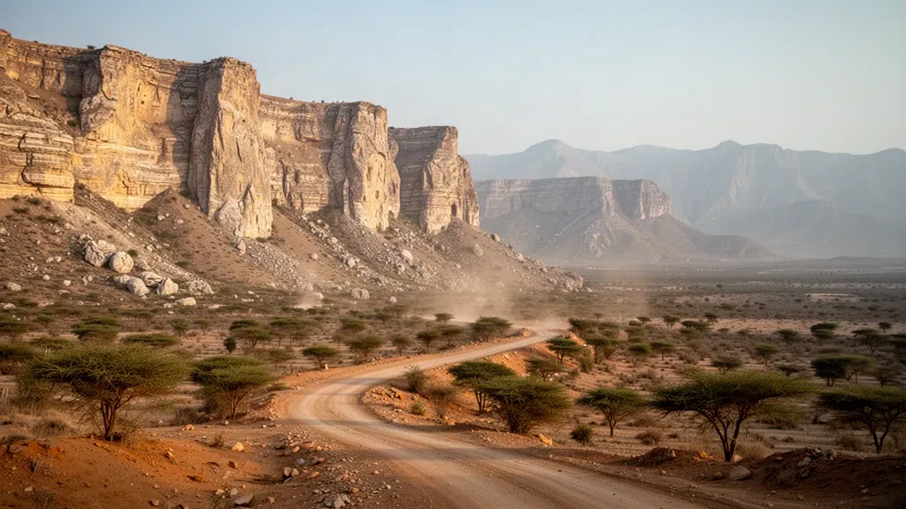 Limestone cliffs of the Cal Madow mountains rising above dry scrubland near Erigavo in Somalia's Sanaag region