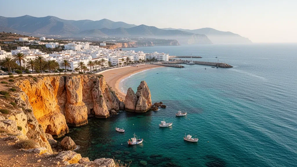 Eau méditerranéenne turquoise rencontrant des falaises calcaires le long de la Corniche Jijelienne près de Jijel, en Algérie, dans une lumière chaude de fin de journée