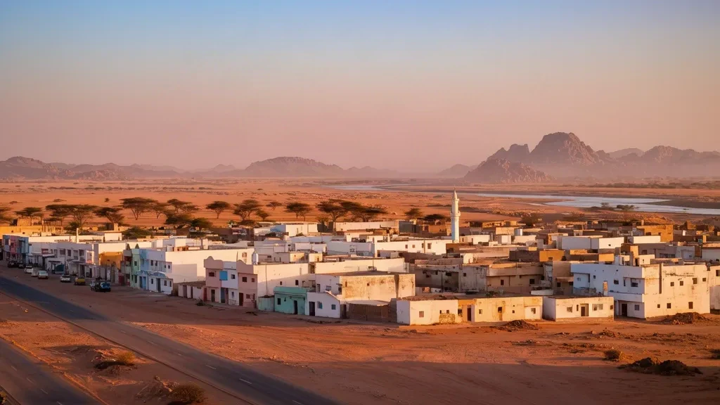 Vue de Burao à l'heure dorée dans la région de Togdheer en Somalie, avec un minaret de mosquée, des acacias et des plaines semi-arides sèches