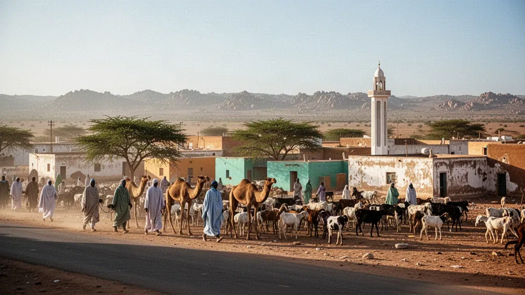 Somaliland, Togdheer'deki Burao'nun geniş görünümü; bir cami minaresi, az katlı binalar ve altın saatlerde yarı kurak ova
