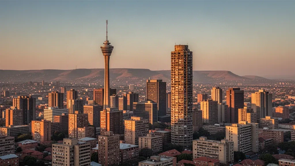 Skyline von Johannesburg zur goldenen Stunde mit Hillbrow Tower und Ponte City in Gauteng, Südafrika